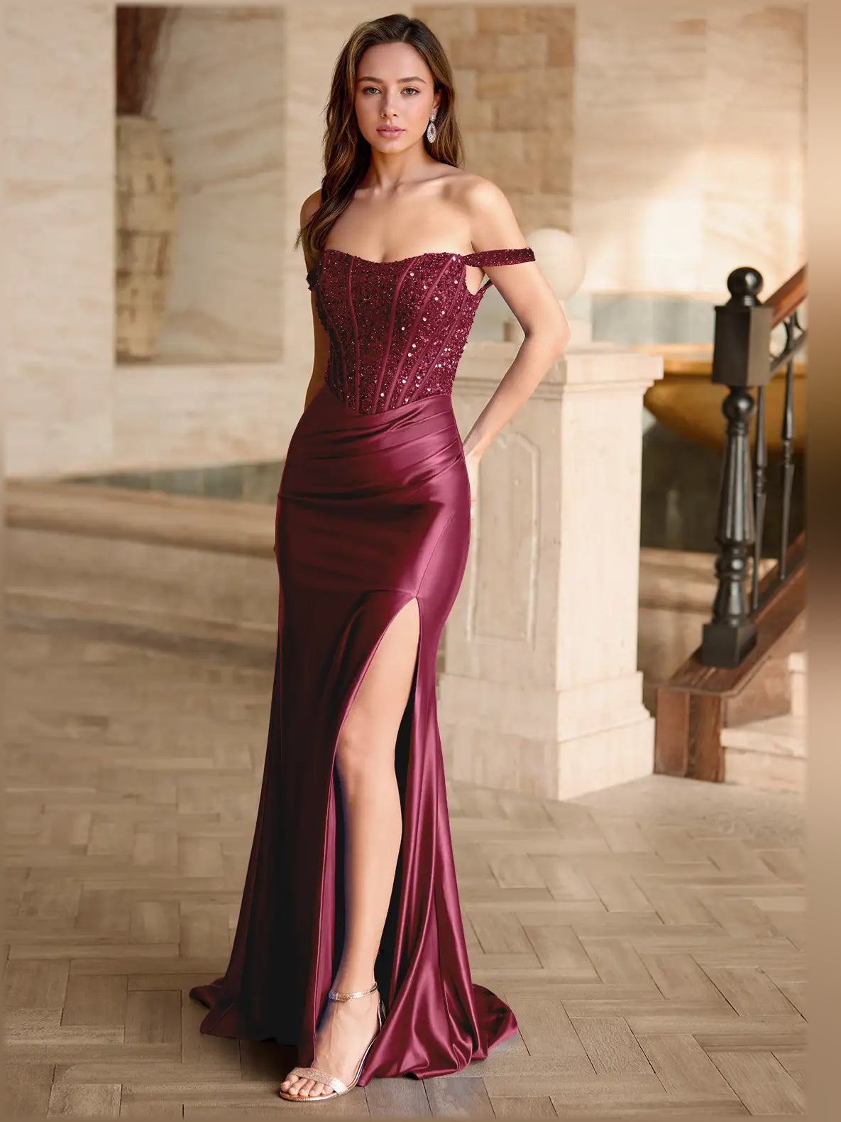 Burgundy off-shoulder mermaid formal dress with front slit, floor-length silhouette