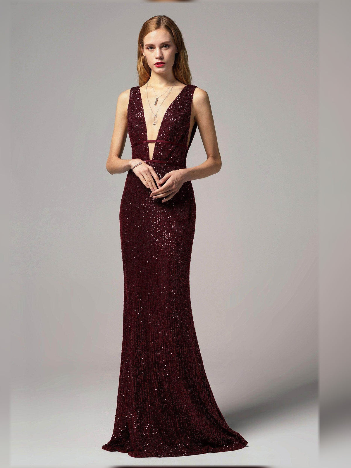 Burgundy beaded sheath formal dress with open back, V-neck, floor-length