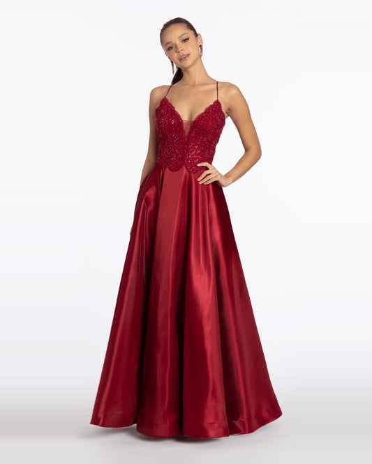 Burgundy satin ball-gown skirt with embroidered corset bodice and spaghetti straps