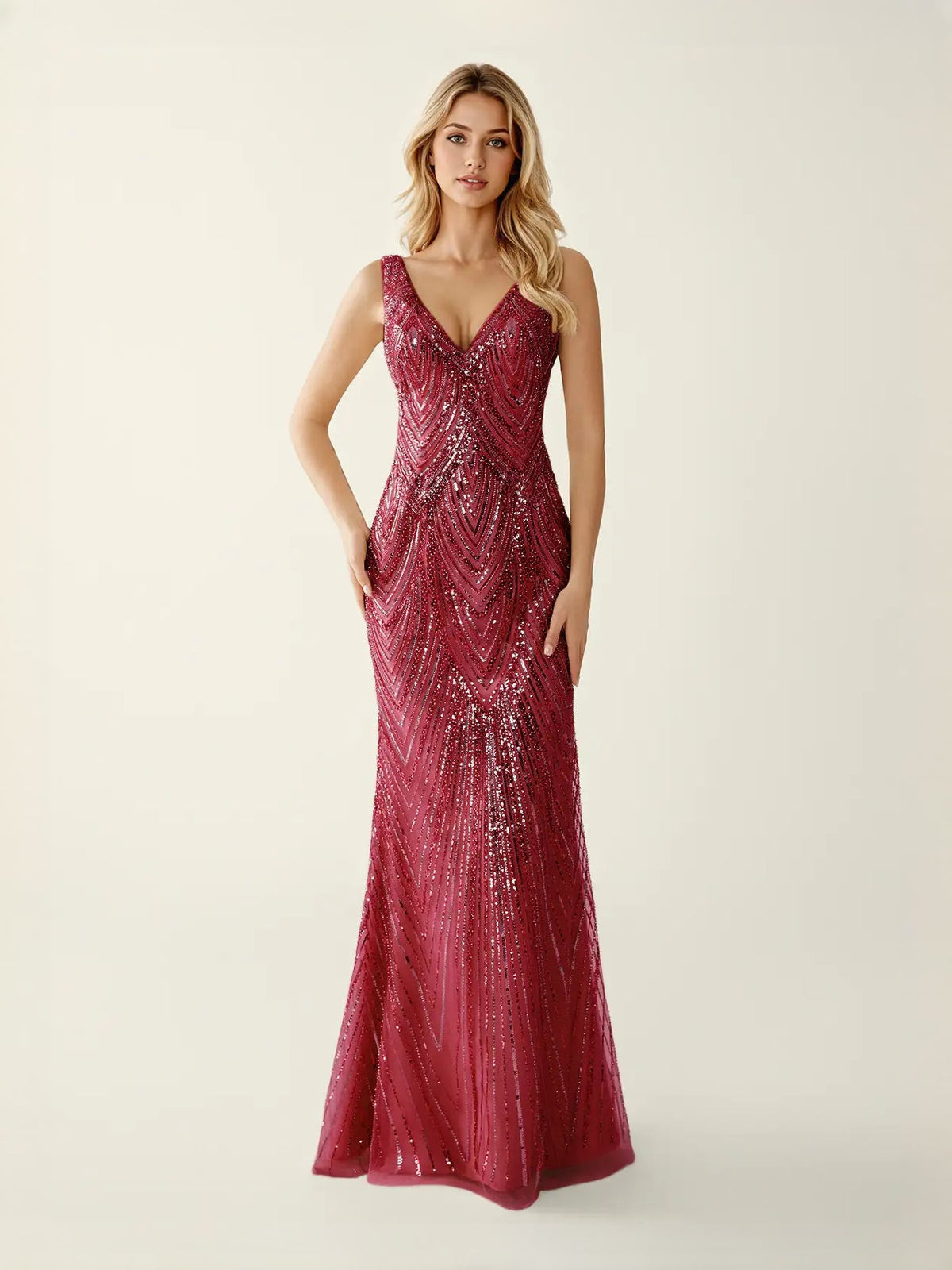 Burgundy sequin V-neck mermaid maxi prom dress, sleeveless, fitted with flared hem