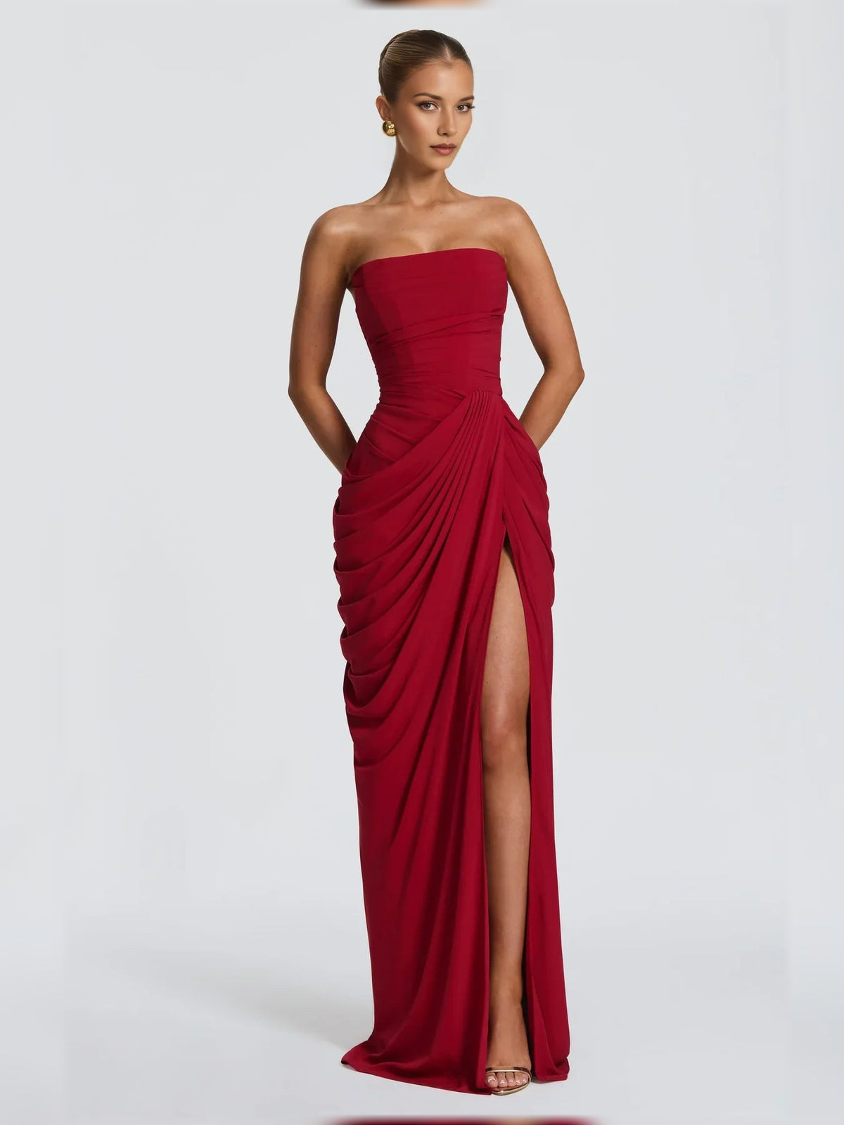 Off-shoulder corset ruched floor-length formal dress, burgundy with side draping