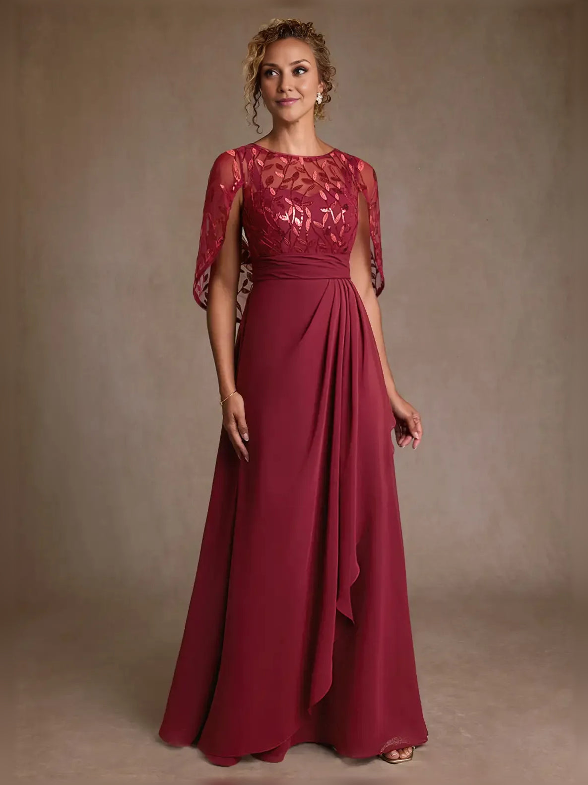 Embroidered chiffon A-line maxi dress with cape sleeves, draped skirt, burgundy