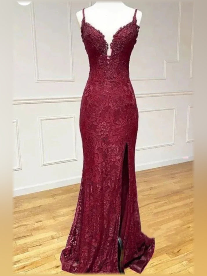 Burgundy floral lace V-neck spaghetti-strap floor-length dress with side slit