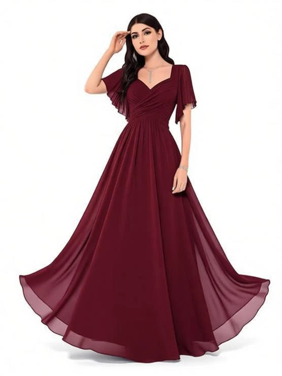 Burgundy sweetheart A-line maxi chiffon bridesmaid dress with short sleeves, flowing skirt