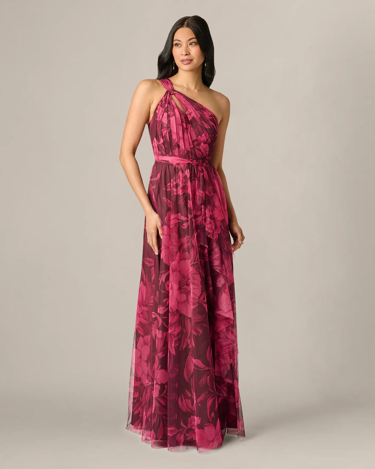 Burgundy floral one-shoulder A-line maxi dress with draped neckline and long skirt