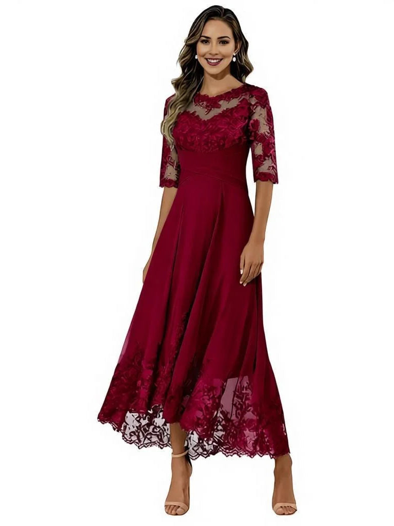 Burgundy pleated floral tea-length chiffon dress, round neck, lace sleeves, A-line