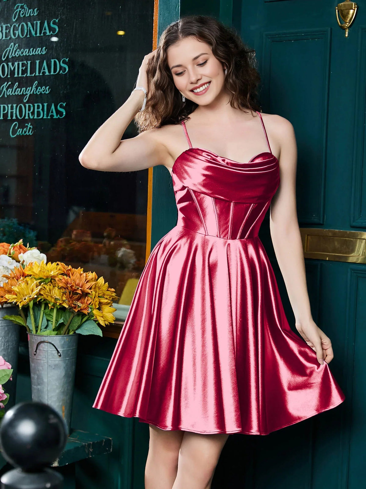 Red satin A-line mini dress with cowl neckline, corset bodice, and spaghetti straps