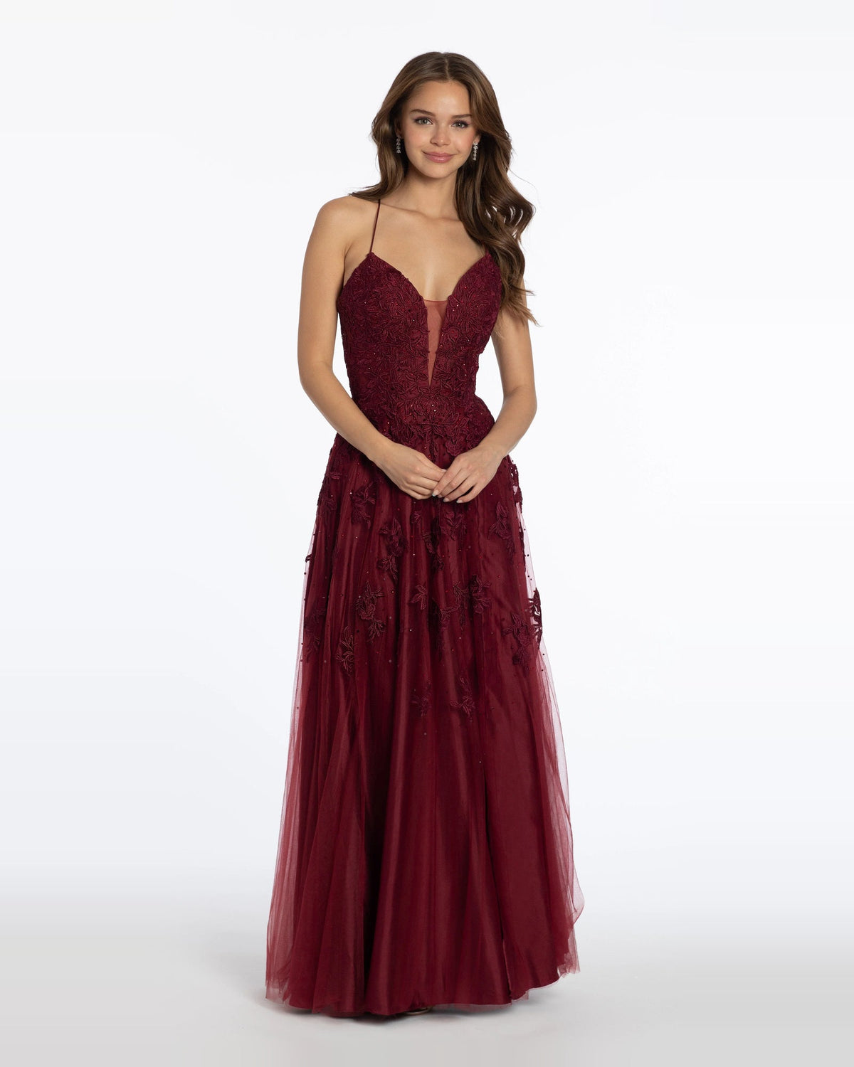 Burgundy plunging neckline floor-length A-line prom dress with embroidered lace bodice