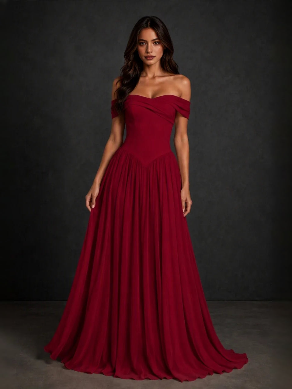 Corset sweetheart A-line floor-length dress in burgundy with off-shoulder drape