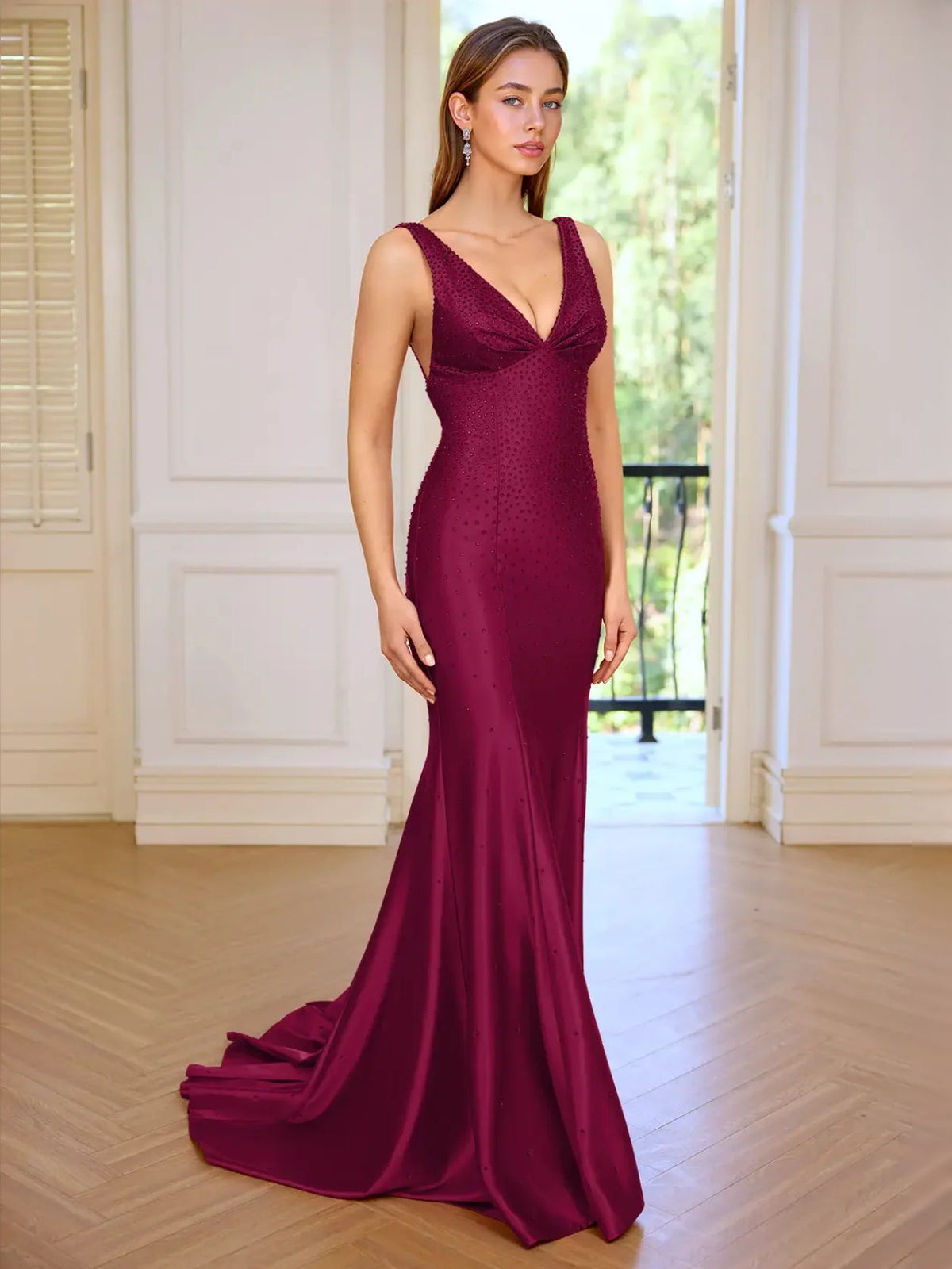 Embroidered sequin V-neck A-line prom dress, burgundy, sleeveless, floor-length, front view