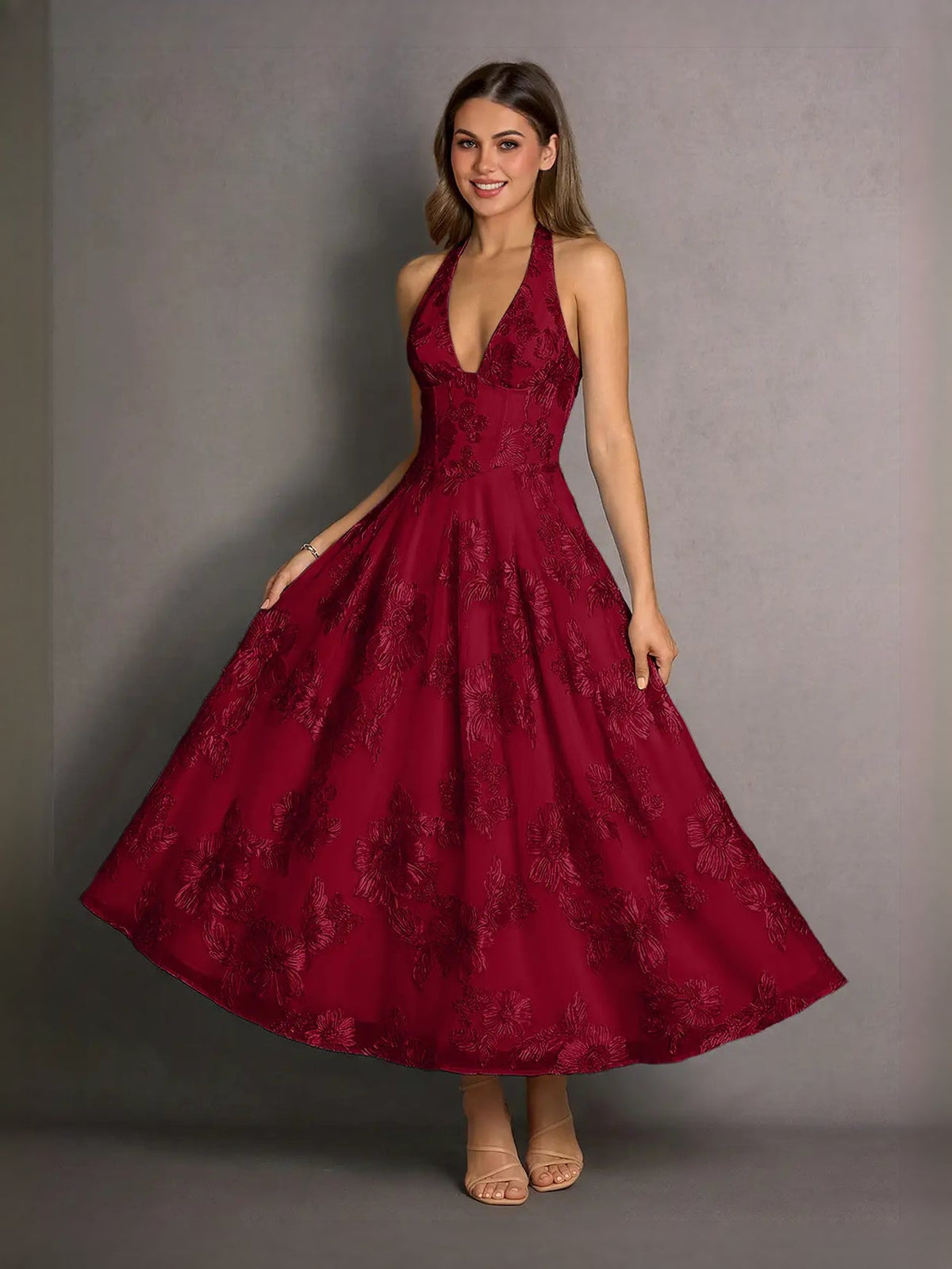 Burgundy floral halter A-line midi prom dress, sleeveless V-back, full skirt