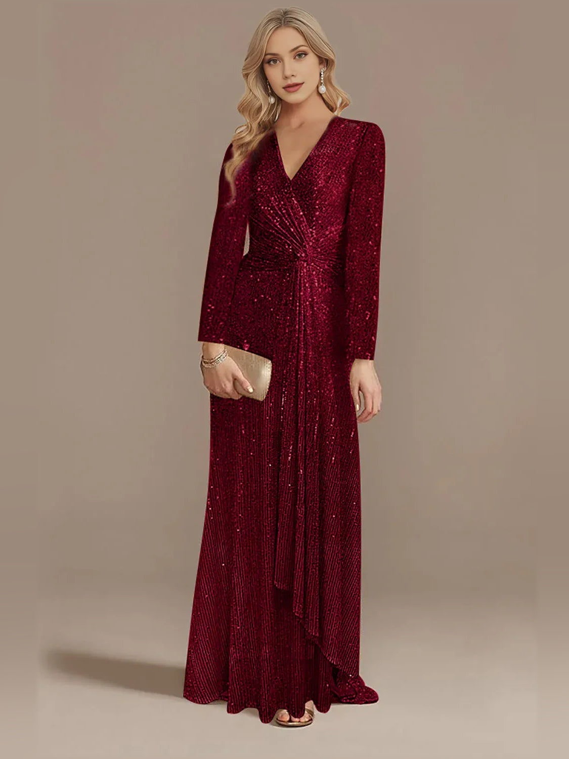 Burgundy V-neck long-sleeve floor-length formal dress with sequin ruching