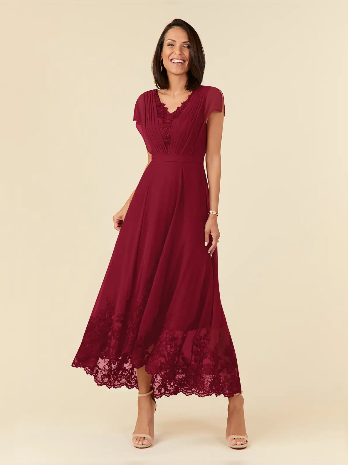 Burgundy pleated chiffon midi dress with V-neck, short sleeves, A-line skirt, lace hem
