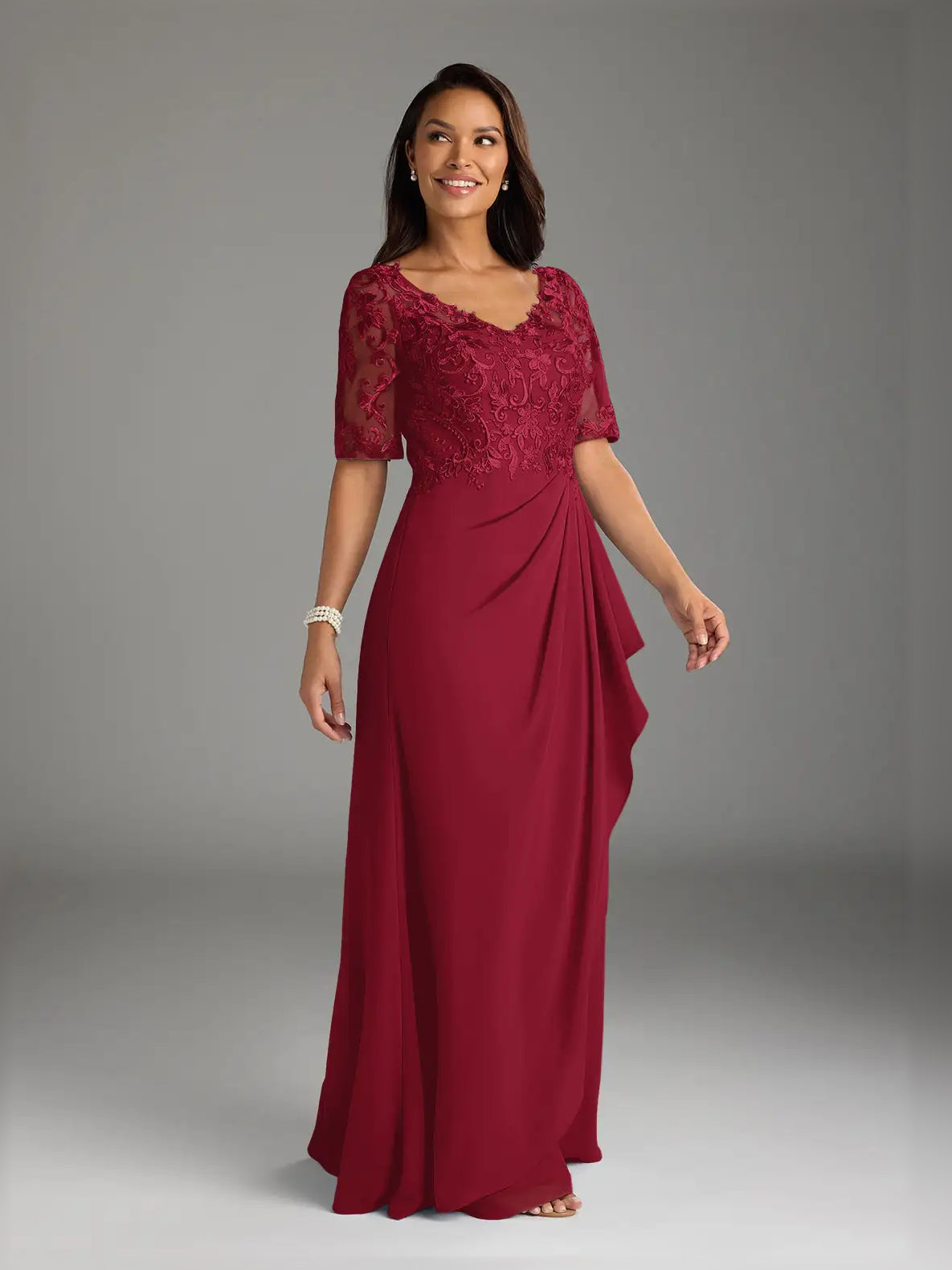 Burgundy embroidered V-neck A-line maxi dress with short sleeves and ruffled detail