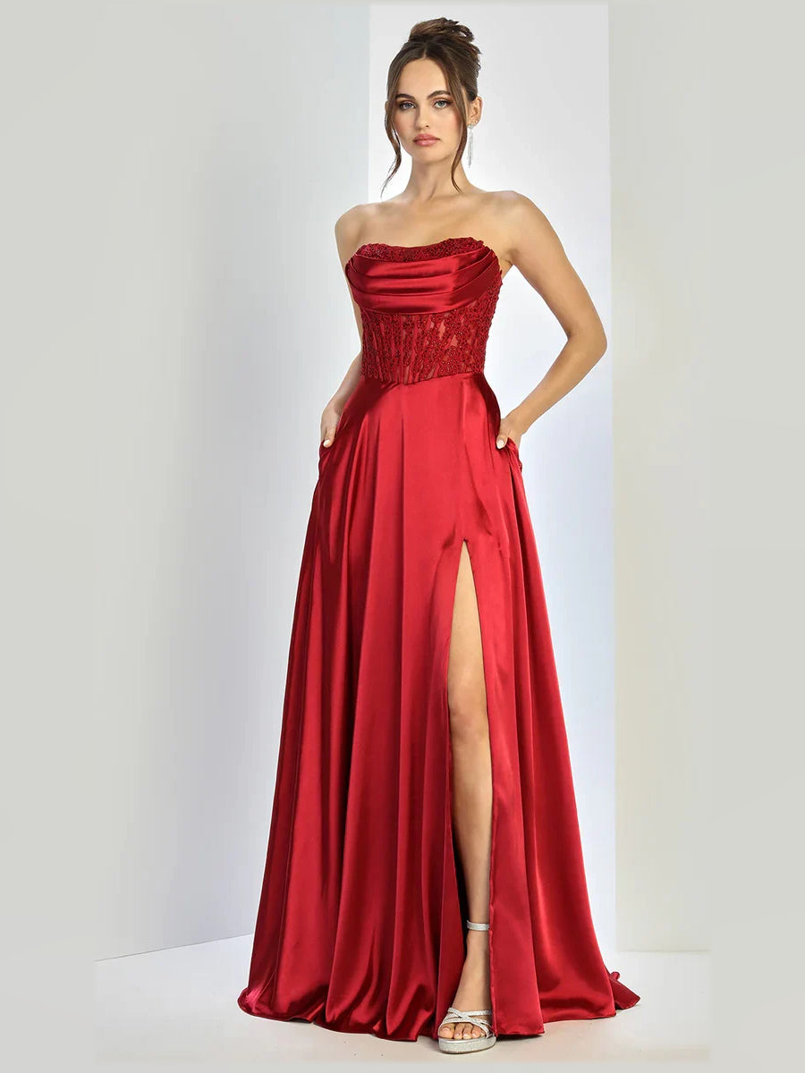 Burgundy strapless satin corset prom dress with beaded bodice and front leg slit