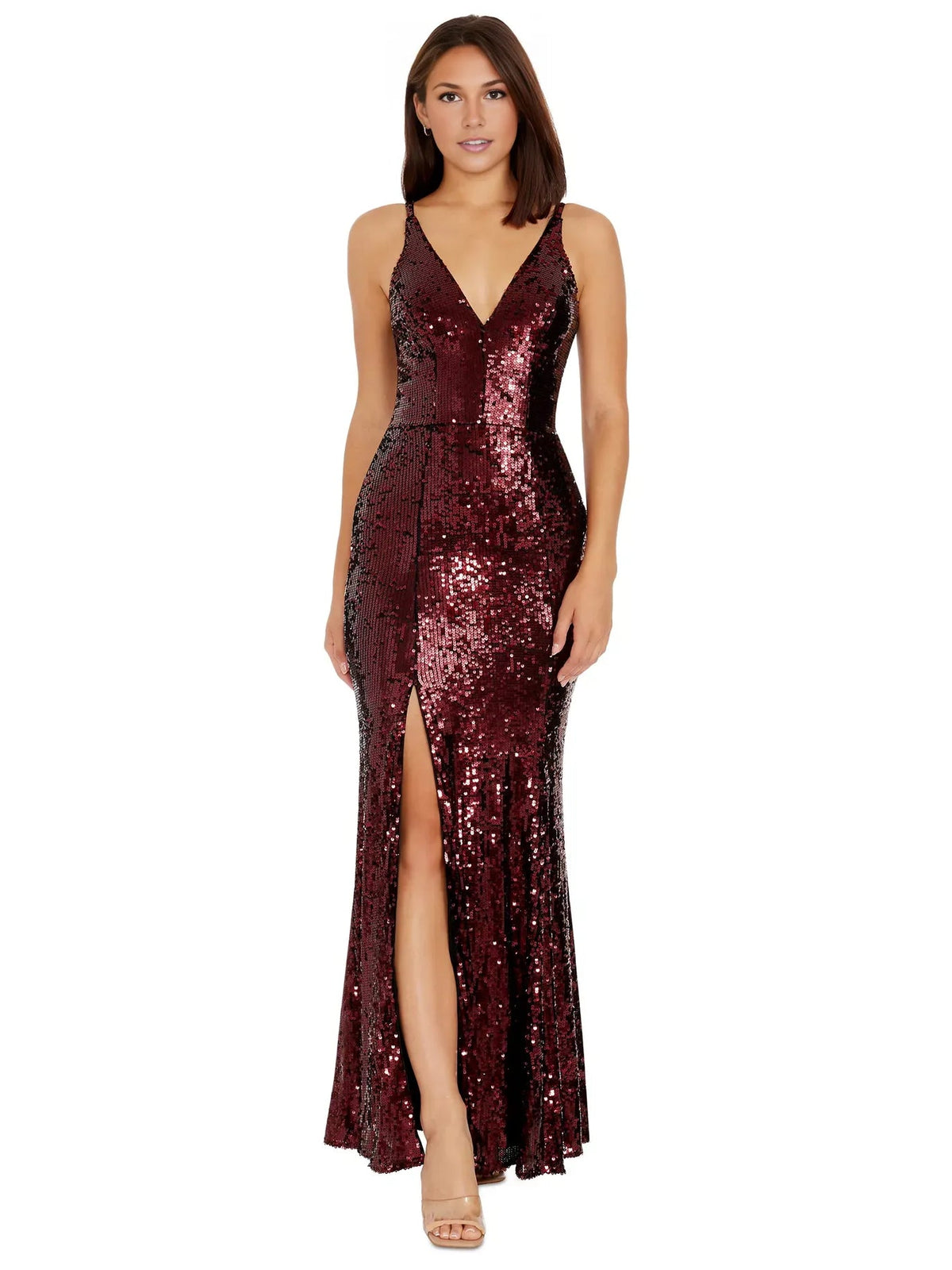 Burgundy sequin V-neck spaghetti strap slit floor-length formal maxi dress