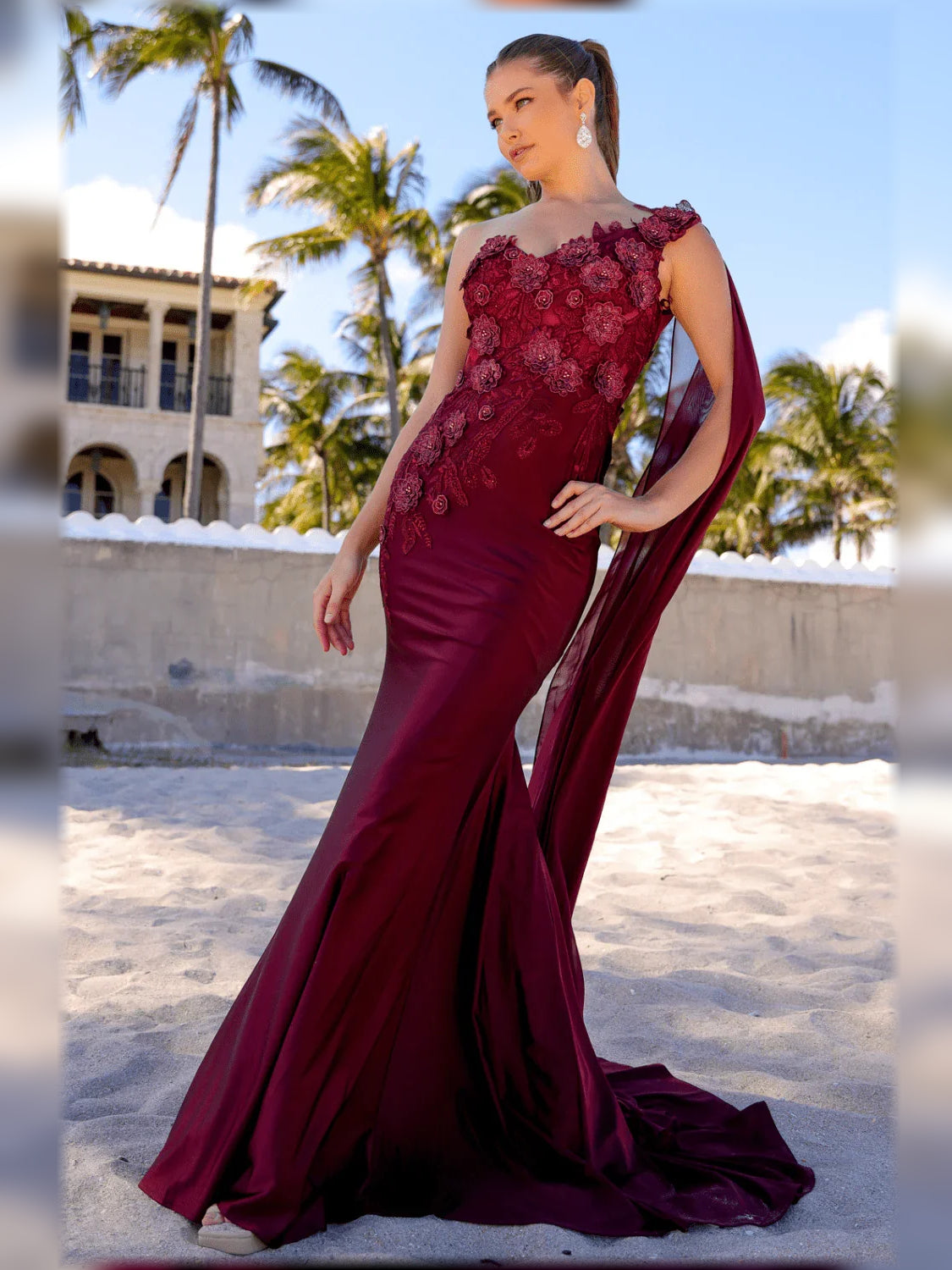 Burgundy one-shoulder mermaid floor-length dress with floral lace bodice and train