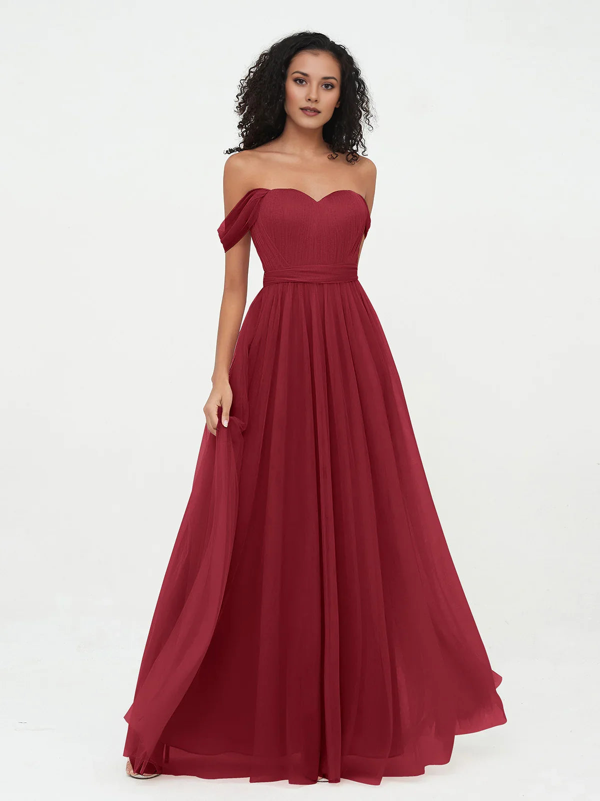 Burgundy sweetheart off-shoulder pleated A-line tulle bridesmaid dress