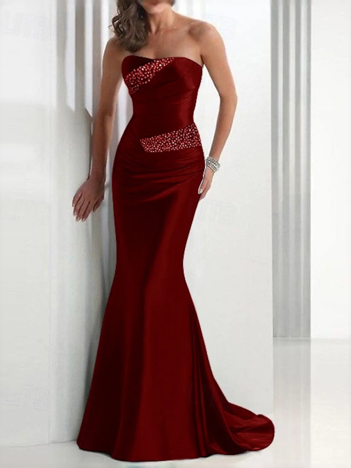 Burgundy strapless ruched corset mermaid satin prom dress with sparkling waistband
