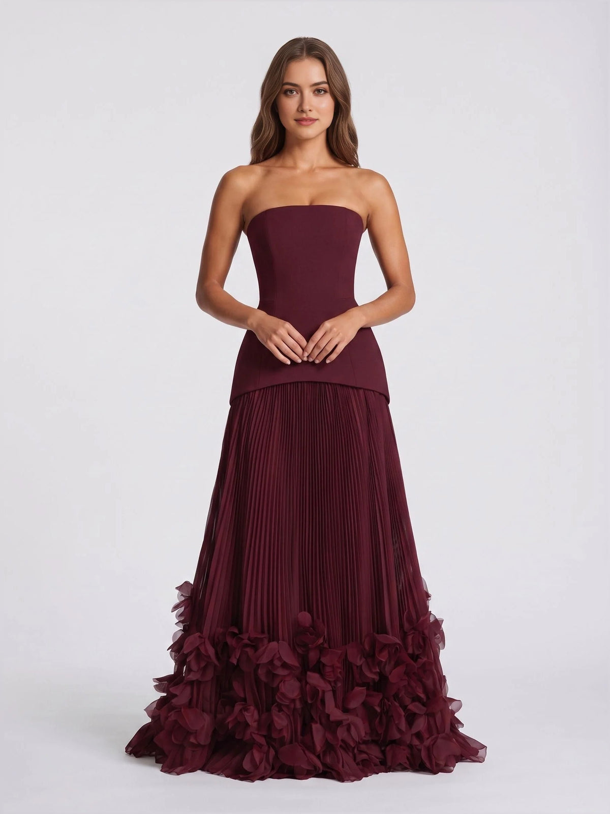 Cabernet strapless wedding dress with ribbed skirt and layered floral ruffle hem