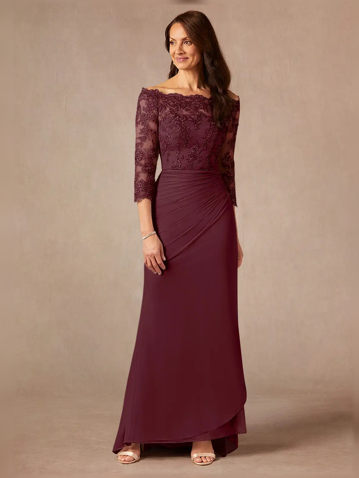 Vintage mauve ruched off-shoulder lace sheath maxi dress with 3/4 sleeves
