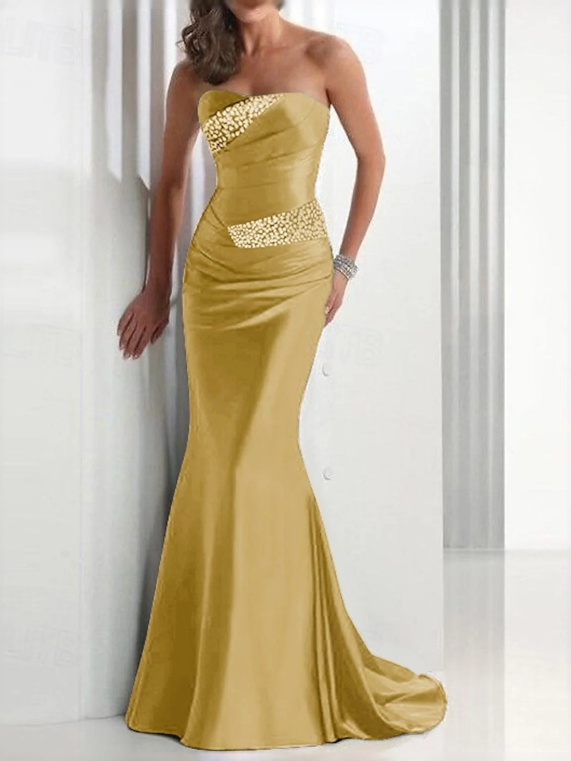 Gold strapless ruched corset mermaid satin prom dress with sparkling waistband