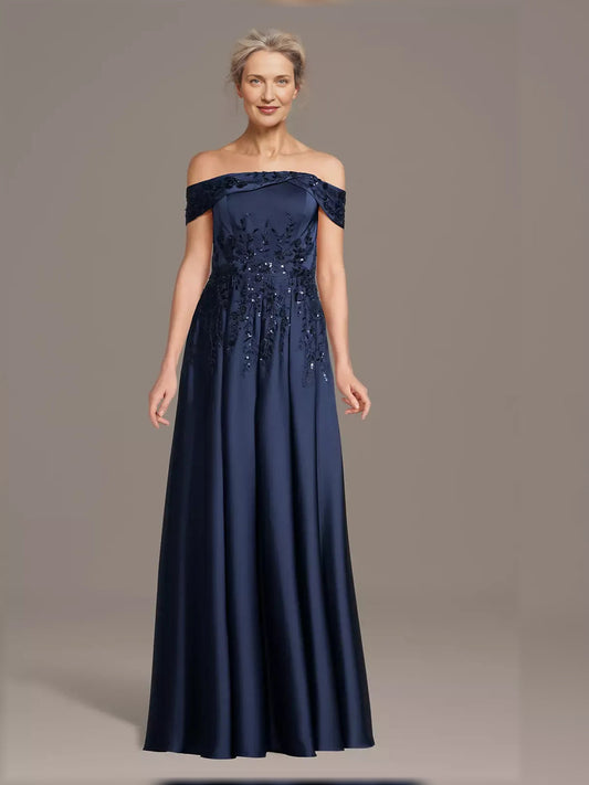 Dark navy off-shoulder A-line maxi satin dress with sparkling sequin bodice