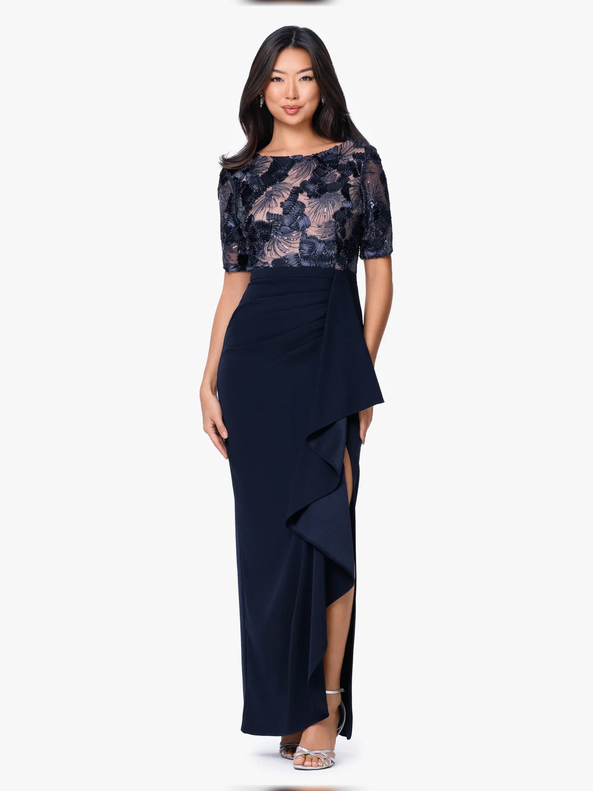 Dark navy floor-length dress with embroidered lace scoop-neck bodice and layered drape skirt