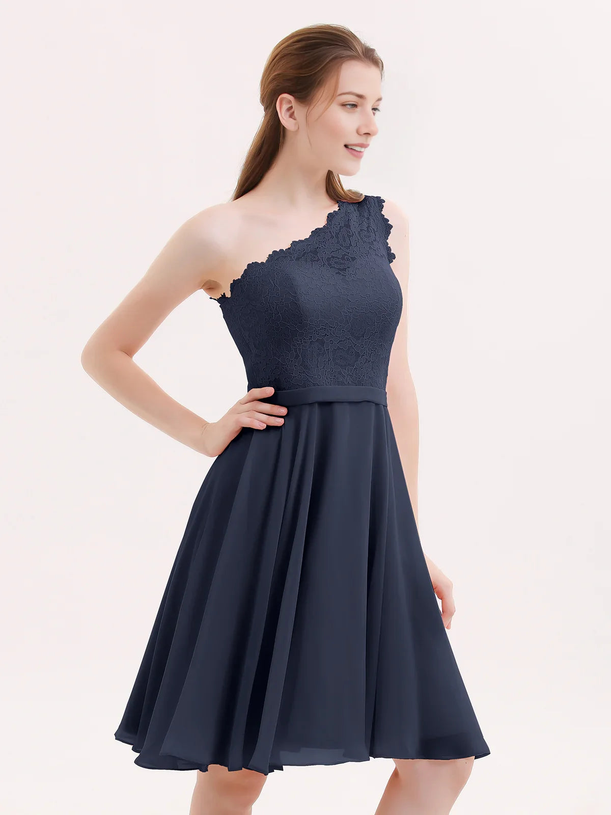 Dark navy one-shoulder A-line short chiffon homecoming dress with lace bodice