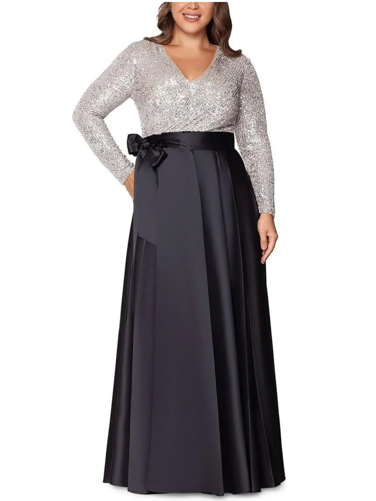 V-neck formal dress with silver sequin bodice and navy pleated maxi skirt, waist tie