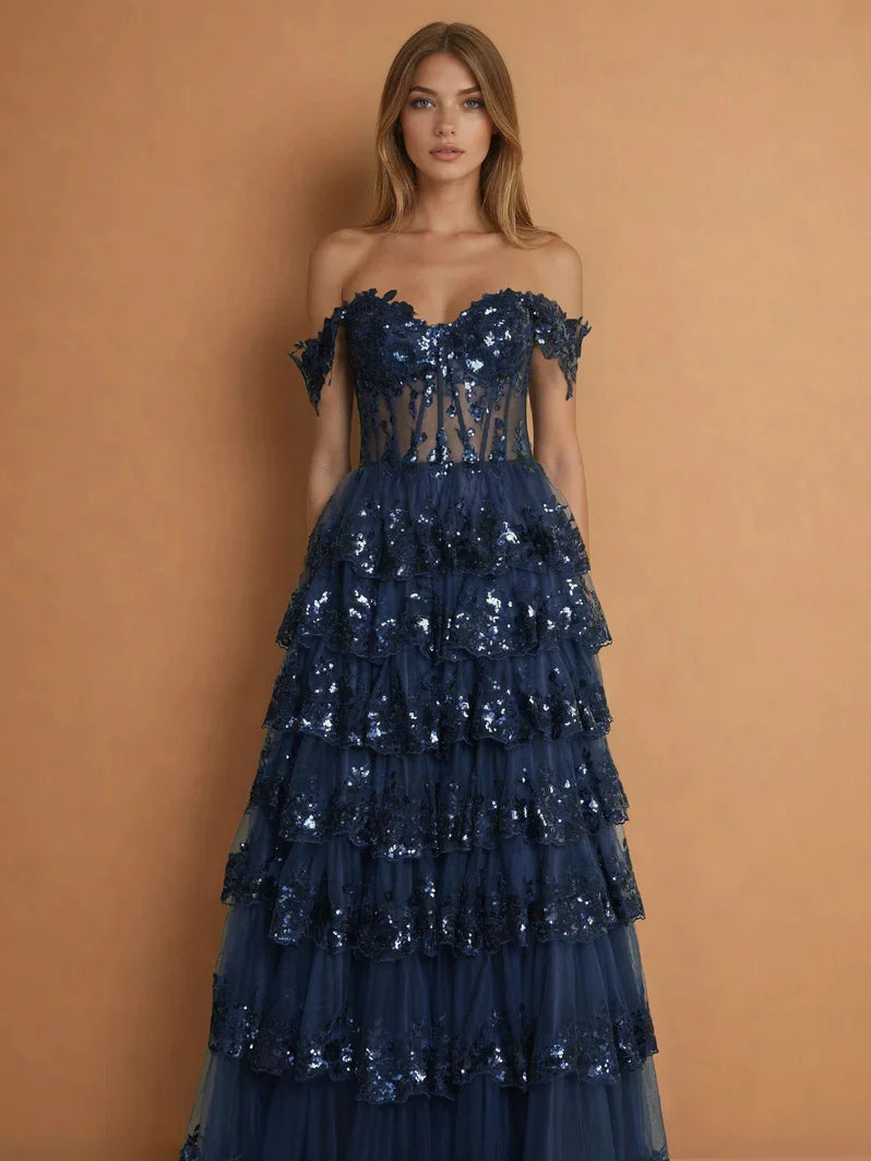 Dark navy tiered off-shoulder maxi tulle prom dress with corset bodice and lace trim