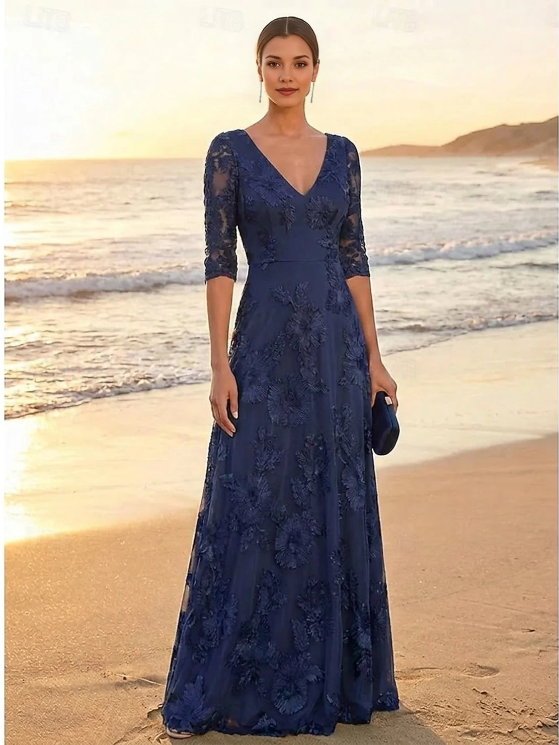 Dark navy floral lace V-neck A-line floor-length tulle dress, 3/4 sleeves
