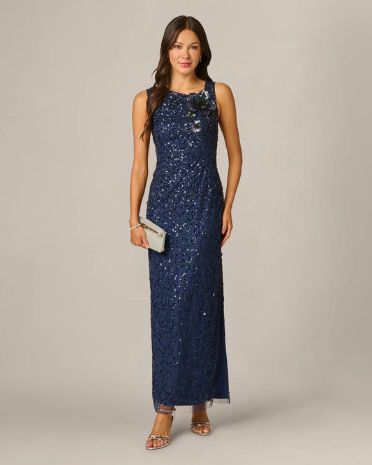 Light navy embellished maxi dress with spaghetti straps and floral neckline