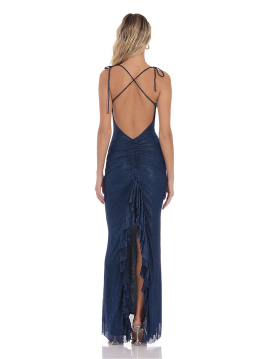 Navy open-back maxi mesh dress with crisscross straps and fringe hem detail