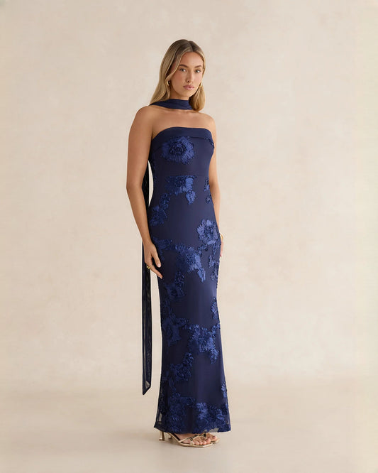 Navy floral mesh maxi bridesmaid dress, sleeveless strapless-style neckline with choker finish