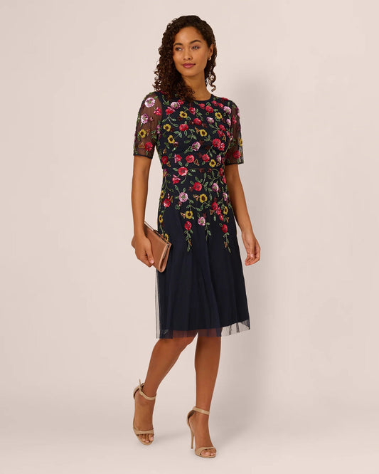 Floral Print Short-Sleeve A-Line Midi Mother of the Bride Dress for Engagement Dinner