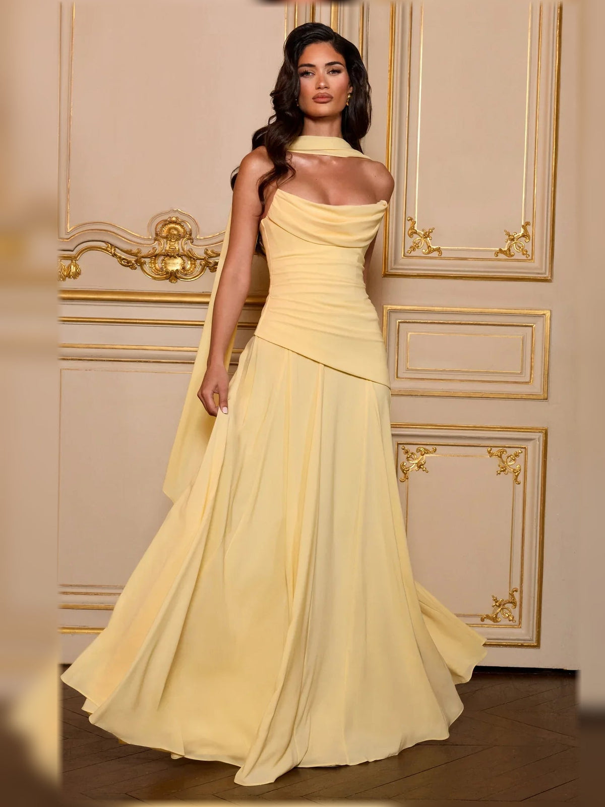 Strapless corset formal dress, pale yellow satin floor-length skirt