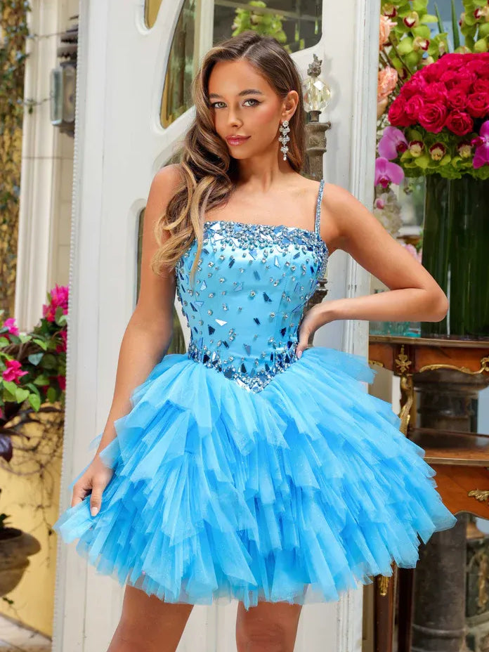 Blue beaded straight-across tiered tulle mini homecoming dress, A-line bodice