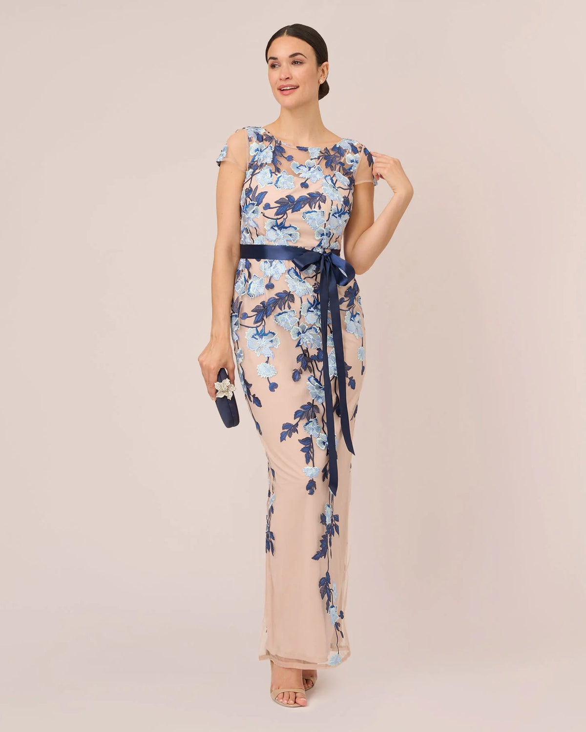 Blush nude floral short-sleeve A-line maxi dress with long ribbon sash tie