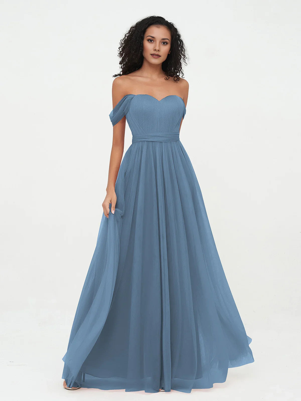 Dusty blue tulle A-line dress with sweetheart neckline and pleated flowing skirt