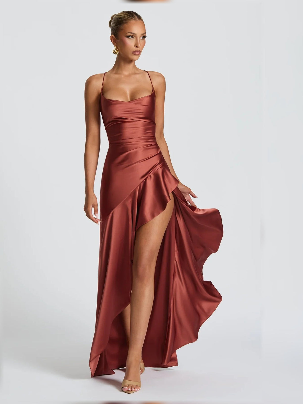Floor-length formal sheath dress, rust cowl neckline, spaghetti straps, high side slit