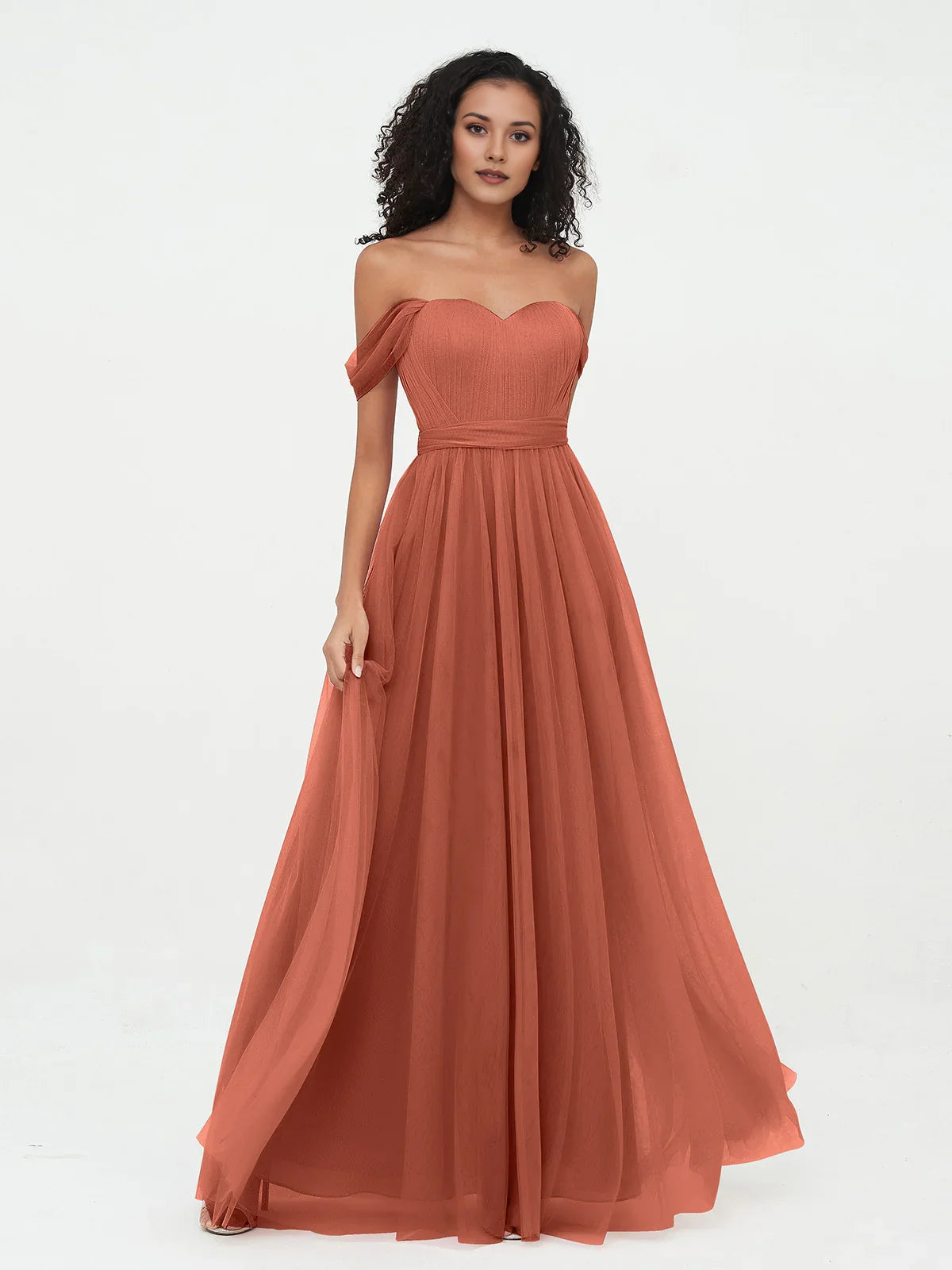 Rust red tulle A-line dress with sweetheart neckline and pleated flowing skirt