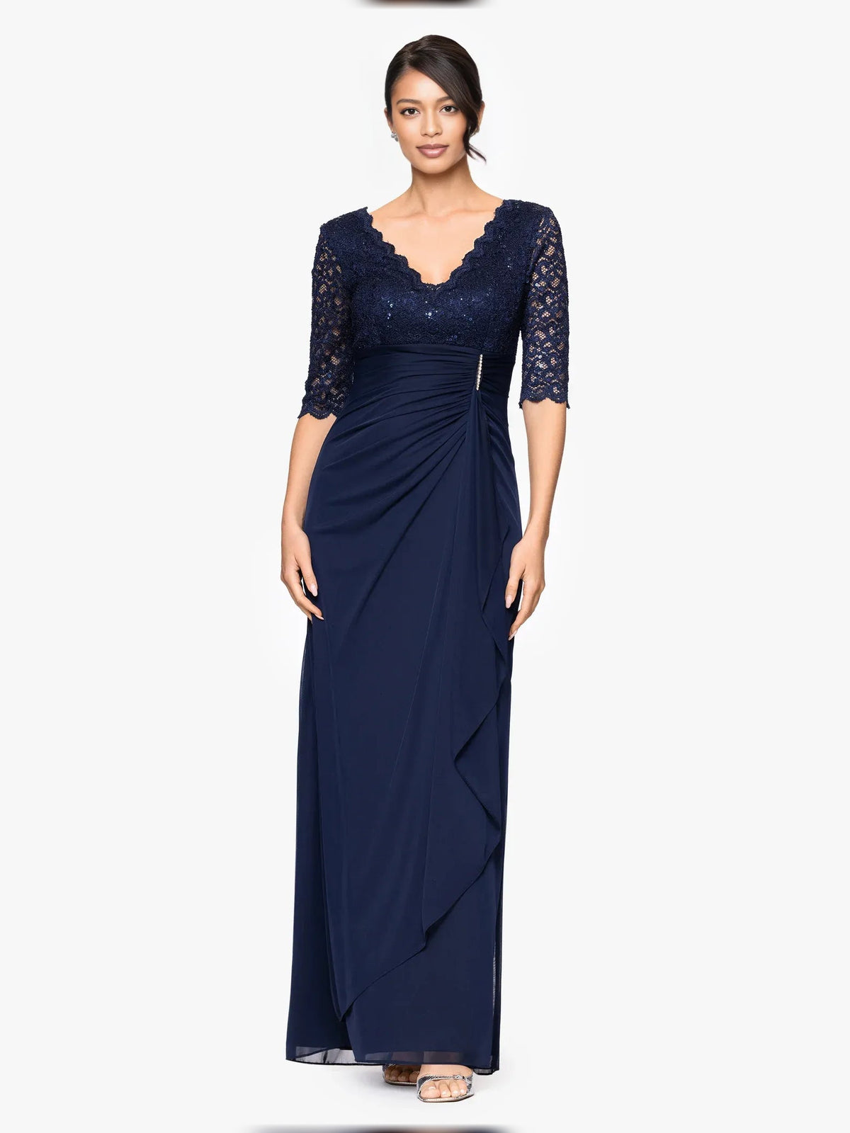 Dark navy V-neck jersey A-line gown with ruched waist and lace elbow sleeves, full length