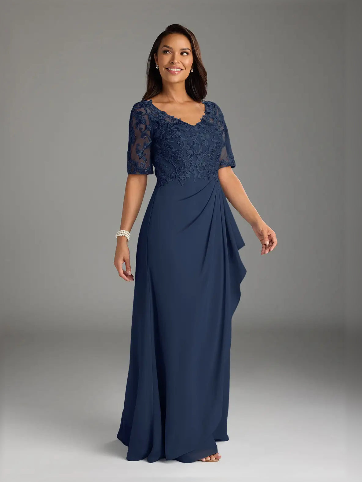 Dark navy embroidered lace V-neck maxi dress with short sleeves and draped A-line skirt