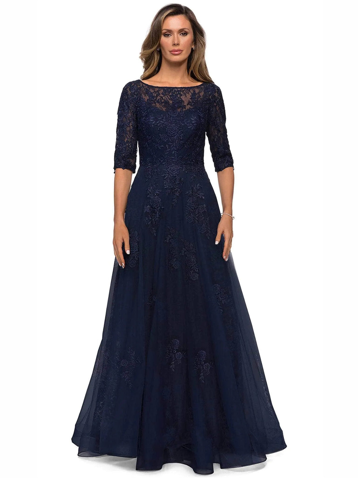 Dark navy embroidered tulle A-line dress with bateau neck and 3/4 sleeves