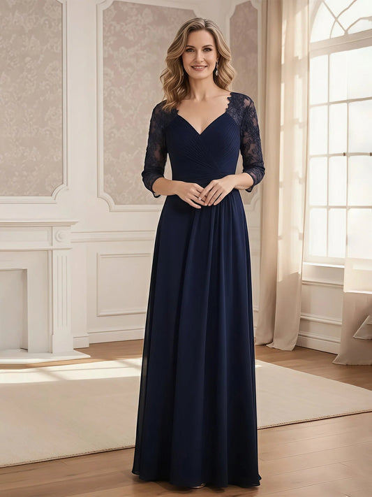 Dark navy V-neck lace sleeve chiffon A-line formal dress, front view