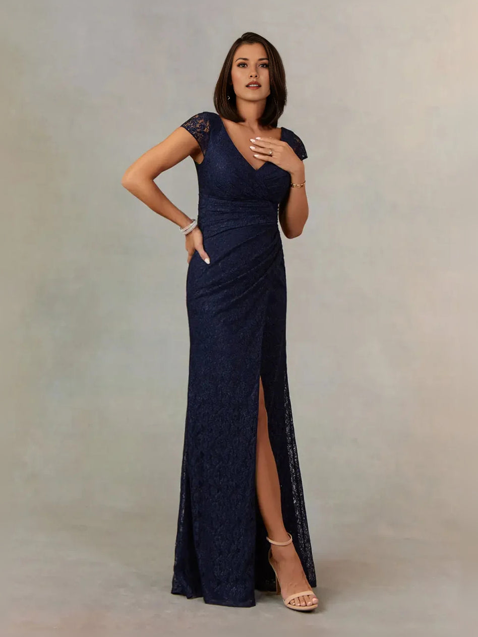 Dark navy textured mermaid floor-length dress with V-neck, cap sleeves, and slit