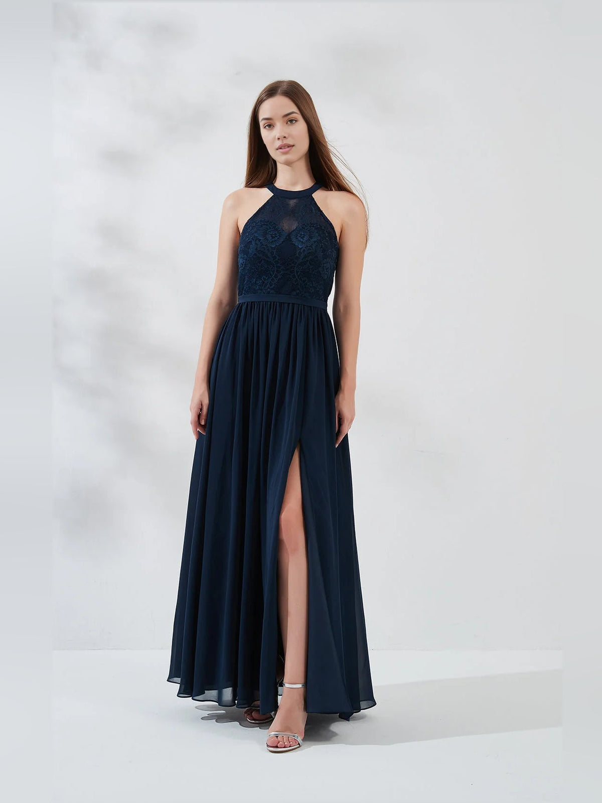 Dark navy halter A-line chiffon dress with floral bodice and side slit, floor length