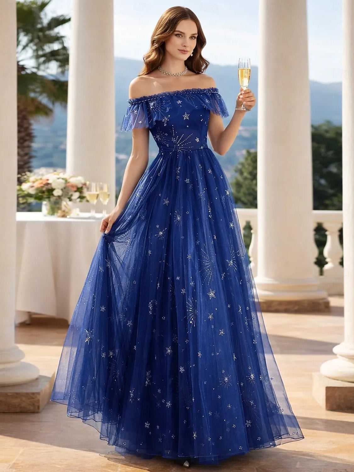 Dark navy off-shoulder tiered tulle A-line prom dress with draped neckline and layered skirt