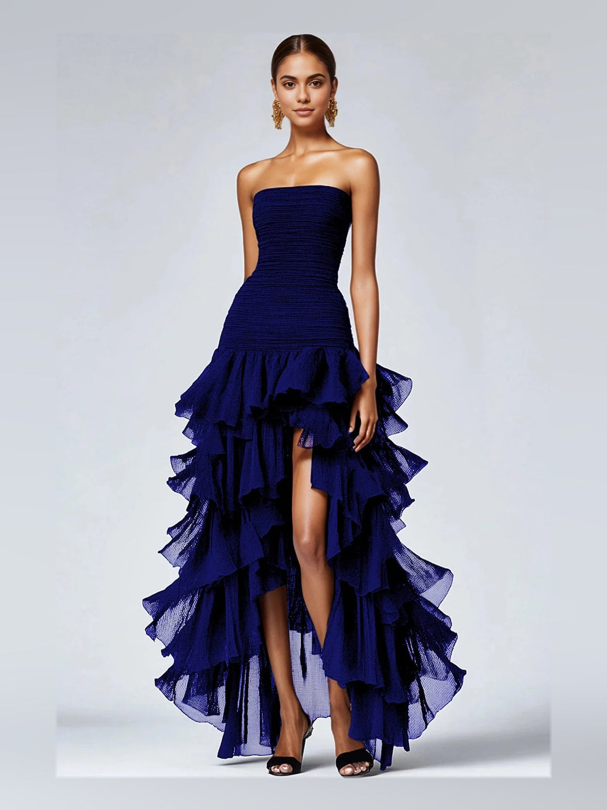Navy strapless A-line prom dress with draped ruched bodice and tiered ruffle skirt